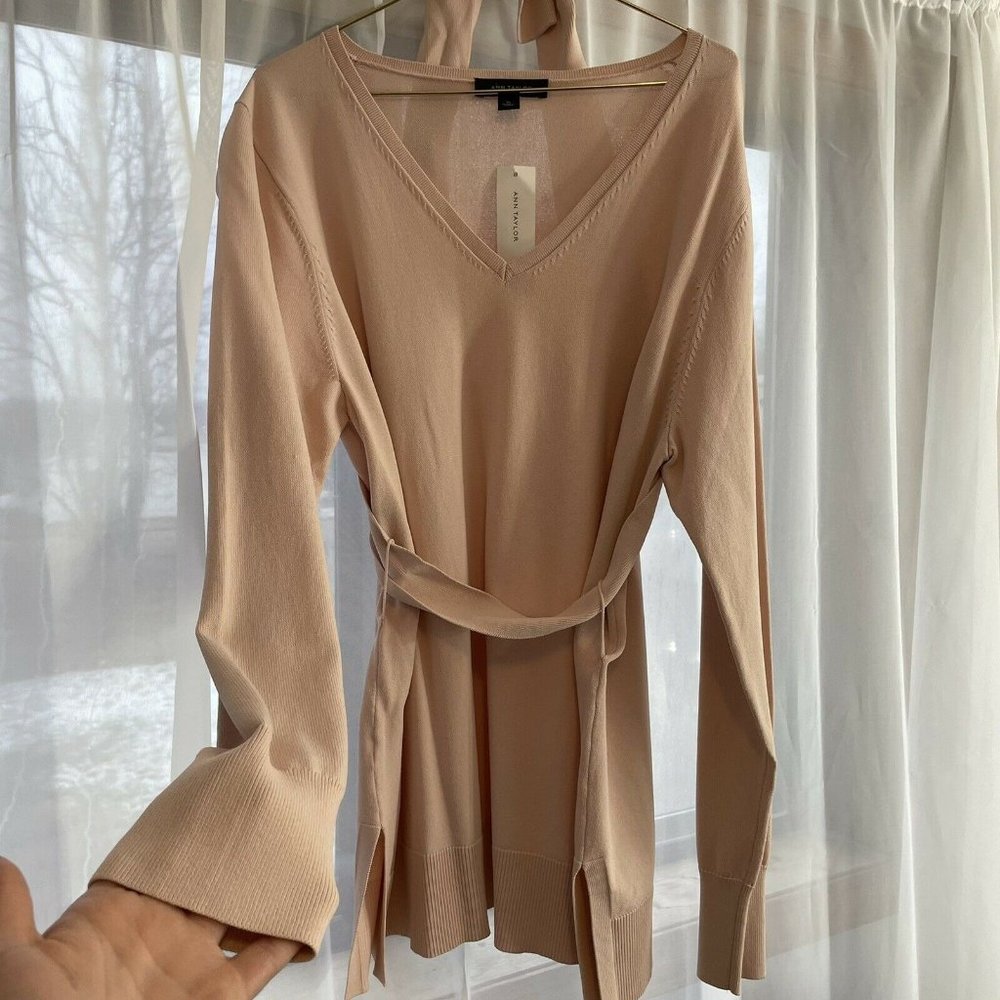 Ann Taylor Pink Tie V-Neck Longsleeve Sweater Size XL